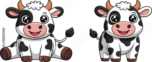Cartoon cow vector set with smiling faces, big eyes, and black-white spots — playful farm animal design for kids, education, and character art.