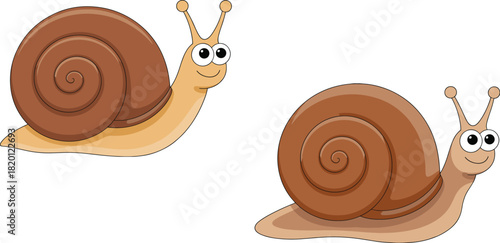 Cartoon snail vector illustration with spiral shells, smiling faces, and expressive eyes — playful design for kids, education, nature, and character art.
