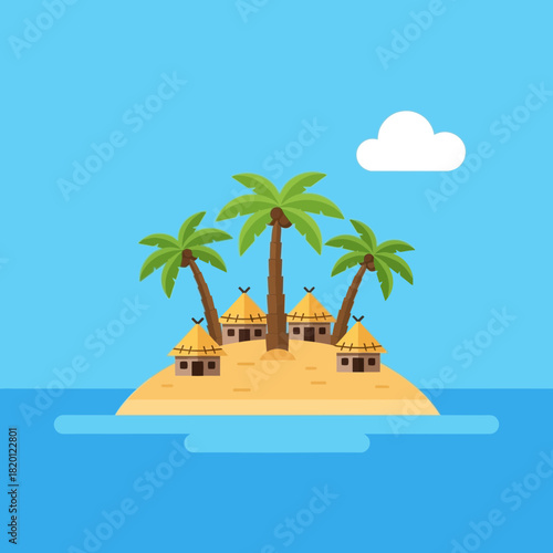 An island features palm trees huts and a single cloud above the water.