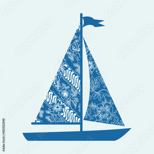 A sailboat graphic with a patterned sail and a small flag at the top.
