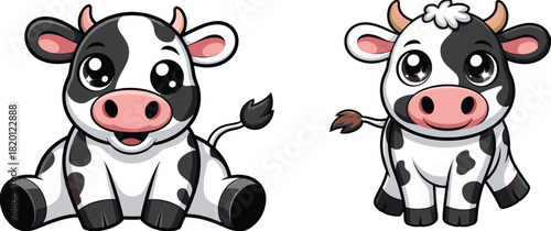 Cute cartoon cow character vector set featuring adorable dairy animals with big eyes, playful poses, perfect for kids illustrations, farm designs, stickers, and mascots.