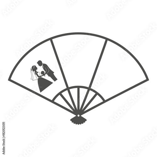 A fan illustration depicts a bride and groom silhouette possibly for a wedding.