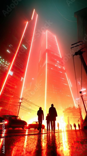 Silhouettes of three adults walking on a wet, reflective street with cars and towering, neon-lit skyscrapers in a futuristic city at night.