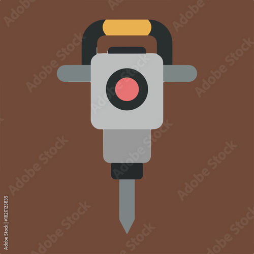 A stylized illustration features a gray jackhammer with a black handle and a central red button, set against a solid brown background.
