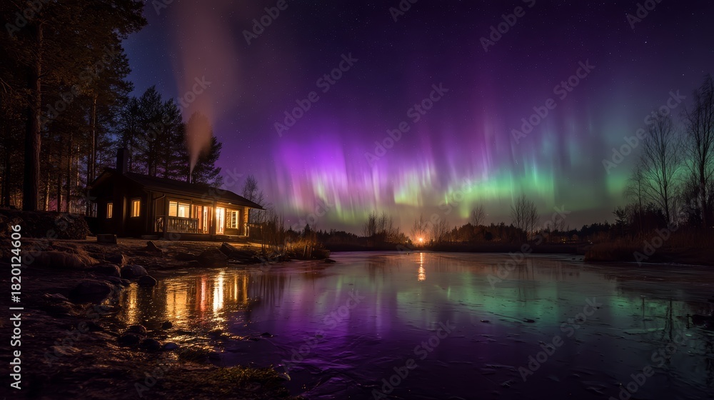 Fototapeta premium A serene landscape featuring a cabin by a lake under the northern lights. The sky displays vibrant colors of green and purple, reflecting on the water's surface.