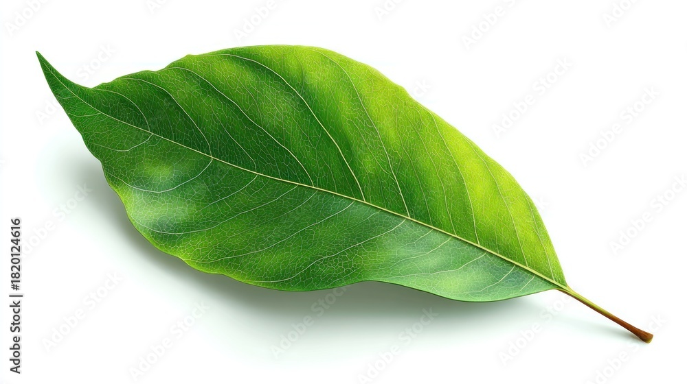 Obraz premium A single, vibrant green leaf with detailed veins lies on a white background. Sunlight casts a slight shadow beneath it