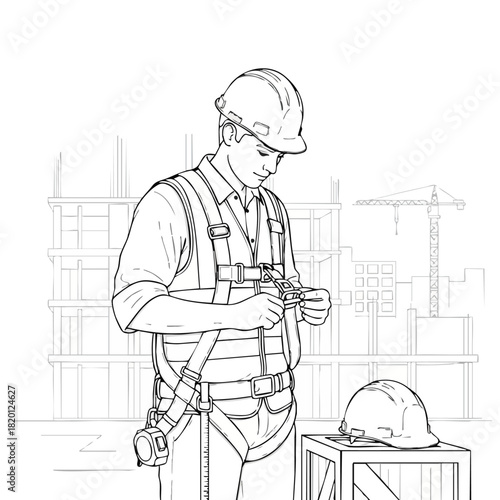 A construction worker meticulously inspects safety equipment, ensuring secure protection while working on a building site with a crane.