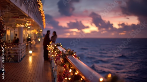 Two people stand on a cruise ship balcony at sunset. The scene features ocean waves and festive decorations with lights. christmas 