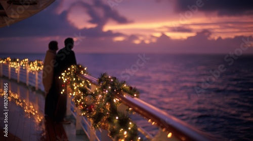 Fototapeta Naklejka Na Ścianę i Meble -  A couple stands on a cruise ship balcony, overlooking the ocean at sunset. The railing is decorated with Christmas lights and garlands. copy space
