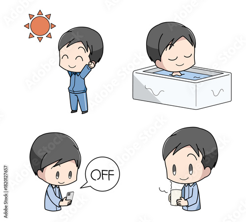 よく眠るための方法のイラスト4種類セット・男性