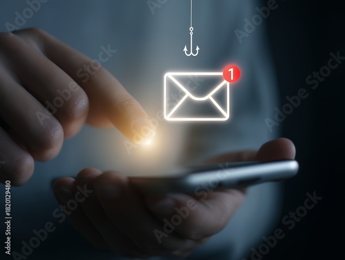 Person using smartphone with email icon and phishing hook, concept for internet security, scam and fraud awareness