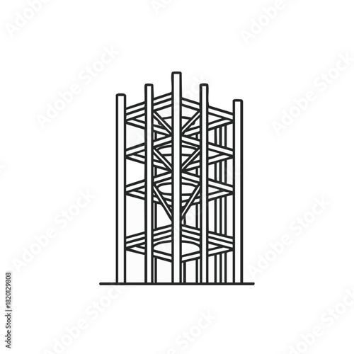 A detailed line art illustration depicts a construction framework, showcasing the structural design and architectural elements against a white backdrop.