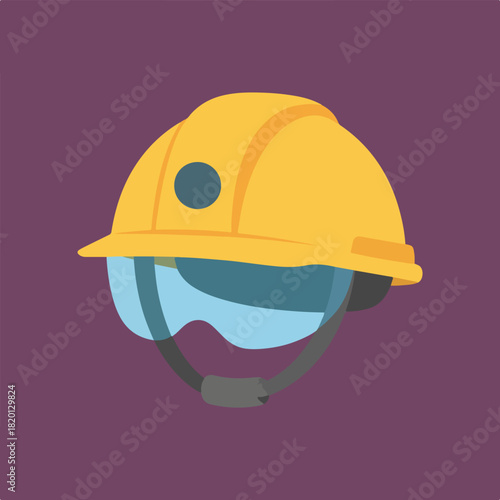 A digital illustration shows a yellow construction hard hat with a blue circle on its left, transparent goggles, and a gray chin strap, set against a purple background.