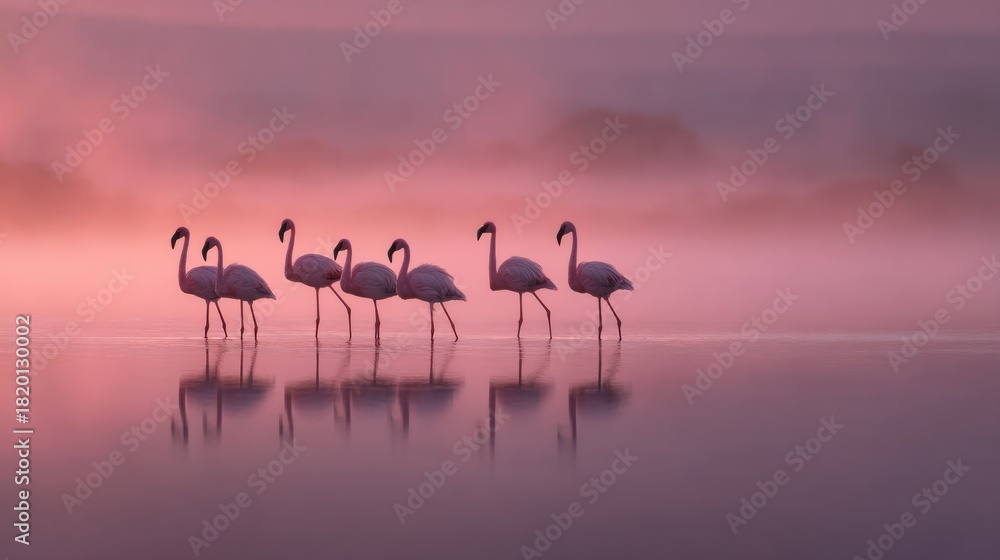 Naklejka premium Six pink flamingos wade in calm, reflective water at sunrise. Soft pink and purple hues fill the air, creating a misty, ethereal atmosphere