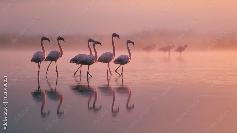 Naklejka premium A group of pink wading birds strides in shallow water, with a soft pink sunrise in the background, light reflecting
