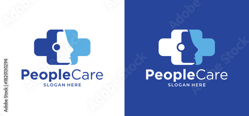Facial dermatology logo design with a medical plus sign. Vector illustration of a face with hospital elements.