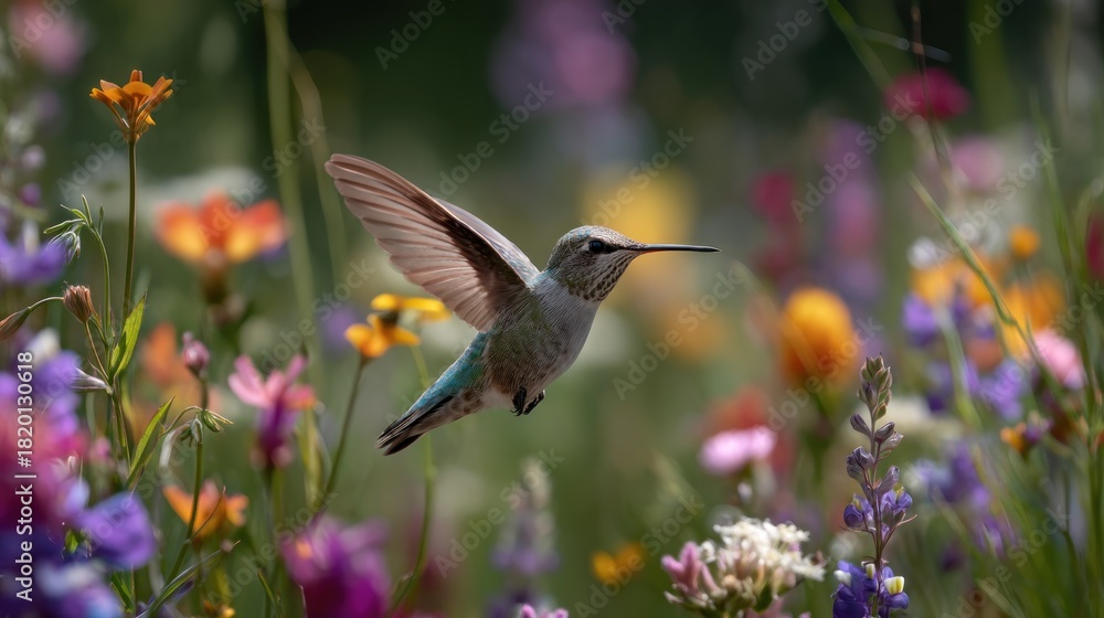 Obraz premium A tiny, iridescent hummingbird hovers gracefully, its wings outstretched amid a vibrant meadow bursting with colorful wildflowers