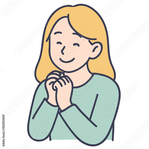 Smiling woman, blonde hair, green shirt, hands clasped, happy, cartoon style
