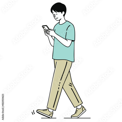 Young man walking while using smartphone, casual outfit, relaxed mood, simple line art style