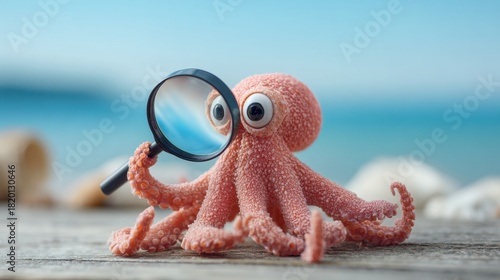 Cute Octopus Detective Holding Magnifying Glass Explores a Large Blank Scenic Layout by the Beach