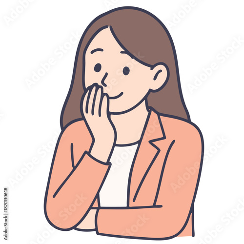 Smiling woman hand covering mouth, long hair, pink blazer, white shirt, cheerful emotion