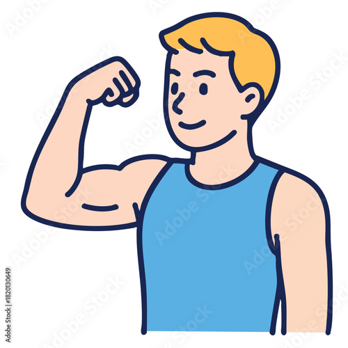 Muscular man flexing arm in blue tank top, smiling with confidence and strength