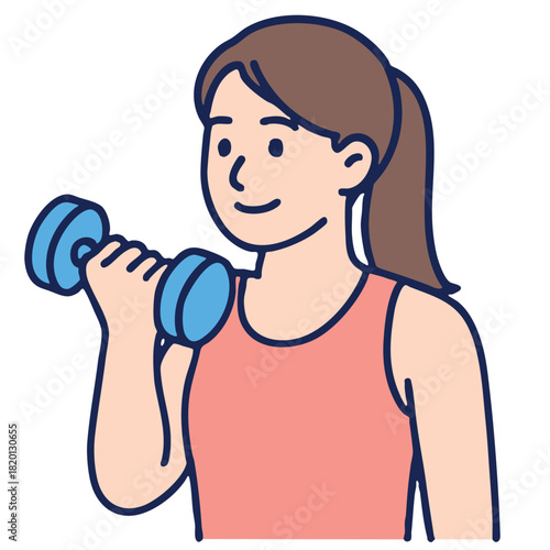 Young woman lifting dumbbell, smiling, wearing sleeveless top, healthy lifestyle concept