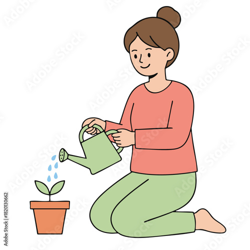 Woman watering plant cartoon, smiling female kneeling with watering can and potted seedling