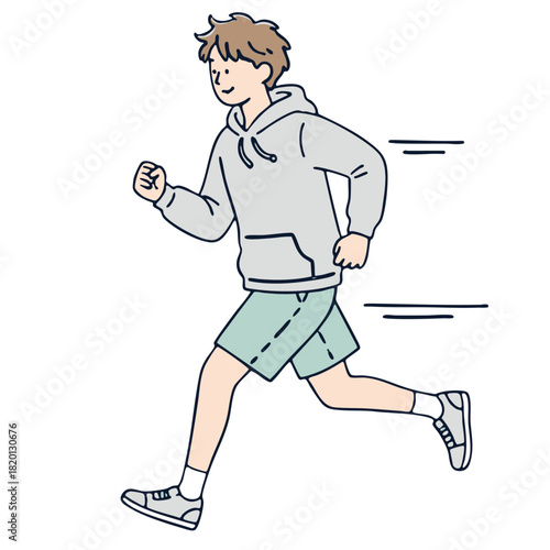 Young man jogging in hoodie and shorts, energetic outdoor exercise, healthy lifestyle concept