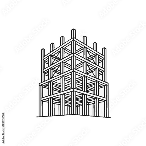 An architectural illustration showcases a building's skeletal frame, emphasizing its structural design and construction process in a minimalist style.