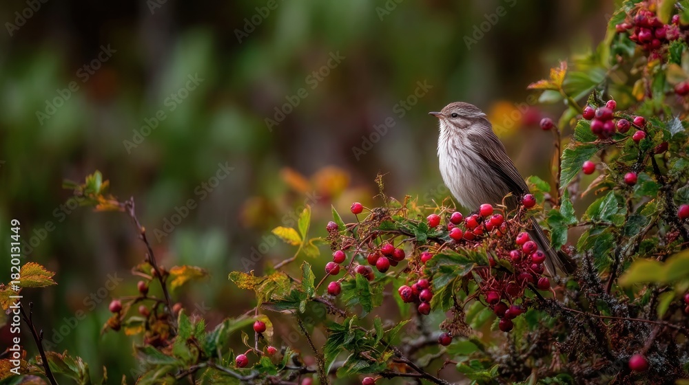 Naklejka premium A small bird perched on a bush with red berries against a blurry green and brown background