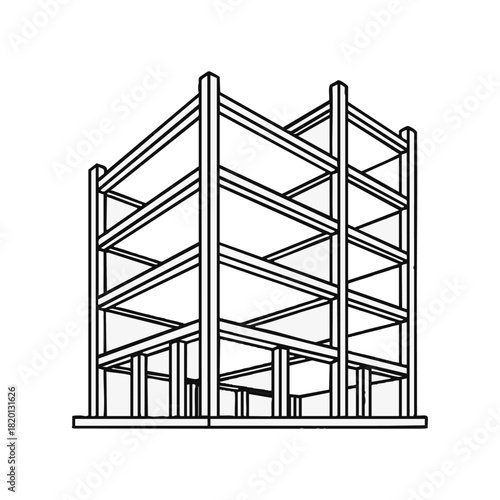 A black and white line drawing depicts the skeletal framework of a building, illustrating its structural design and construction process.