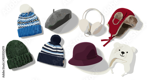 Collection of various winter hats and earmuffs