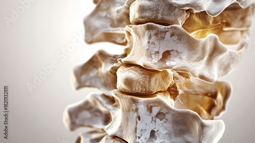 Detailed close up of porous vertebra structure with visible bone damage texture in clinical medical theme. Medical concept