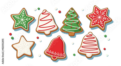 Christmas gingerbread cookies with festive icing and sprinkles