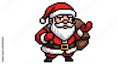 Pixel art santa claus character with a gift sack