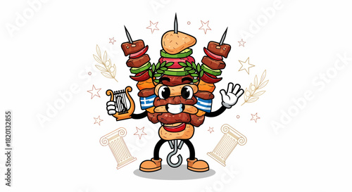 Cartoon Kebab Character Holding a Lyre.