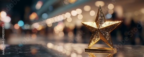 Close-up of a golden star trophy on a reflective surface with blurred background, concept for achievement recognition, celebrating success and career excellence