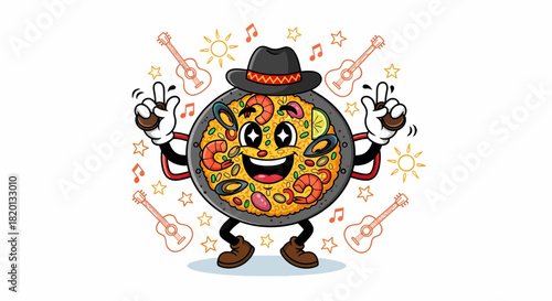Cartoon Paella Pan Character Dancing with a Sombrero.