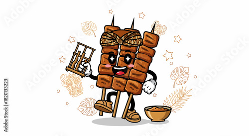 Cartoon Satay Skewers Character with Sauce and Grill.