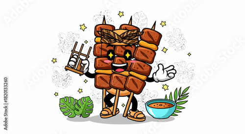 Cartoon Satay Skewer Character with Grill and Condiments.