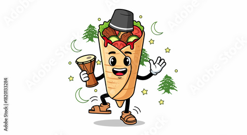 Cartoon Shawarma Character Playing Drum and Dancing with Joyful Expression.