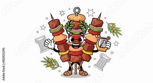 Cartoon Souvlaki Character Holding Lyre and Laurel Wreath.