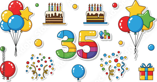 Birthday sticker set for thirty fifth anniversary celebration featuring colorful balloons cake gift box and confetti vector illustration collection design isolated on white background