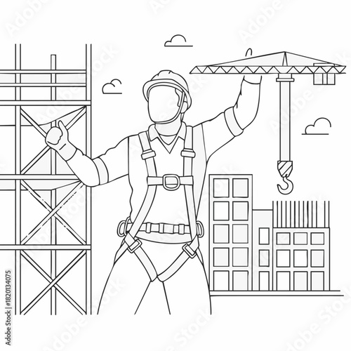 A confident construction worker in a hard hat and safety harness gives a thumbs-up, symbolizing safety and progress at an active building site with a crane.
