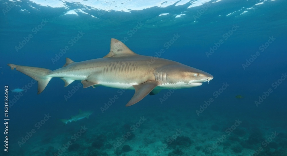 Fototapeta premium Gray shark swimming in clear blue water over coral reef