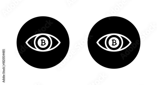 Bitcoin eye icon in black circle. Cryptocurrency vision symbol. Digital currency insight sign