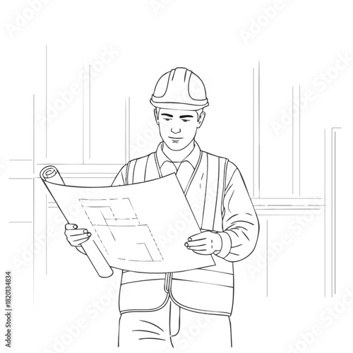 An attentive architect or engineer, dressed in protective gear, meticulously examines building plans at a dynamic construction location.