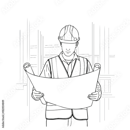 An illustration depicts a construction worker wearing a hard hat and safety vest, meticulously examining architectural blueprints on a building site.