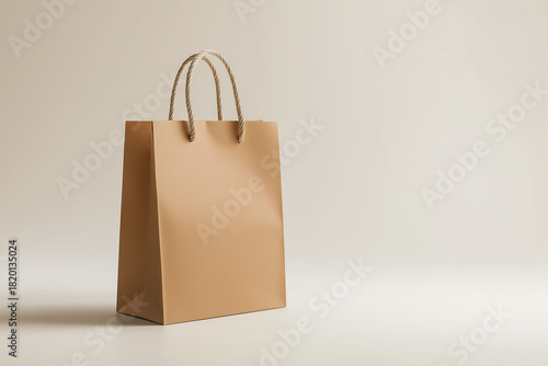 Paper shopping bag mockup with blank white surface, kraft paper texture, standing upright on a minimal studio background